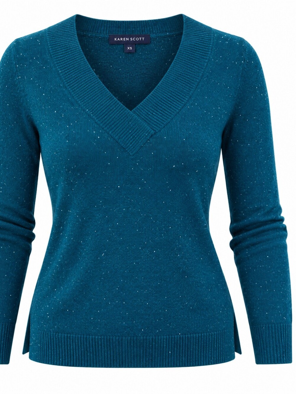 KAREN SCOTT | Cozy Teal Blue Fitted Crossover V-Neck Sweater White Speckles | XS
